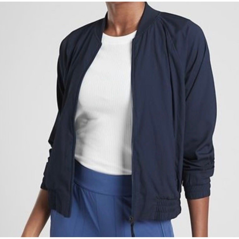 ATHLETA ULTRA LIGHT WEIGHT NAVY FULL ZIP BOMBER  UTILITY WINDBREAKER JACKET